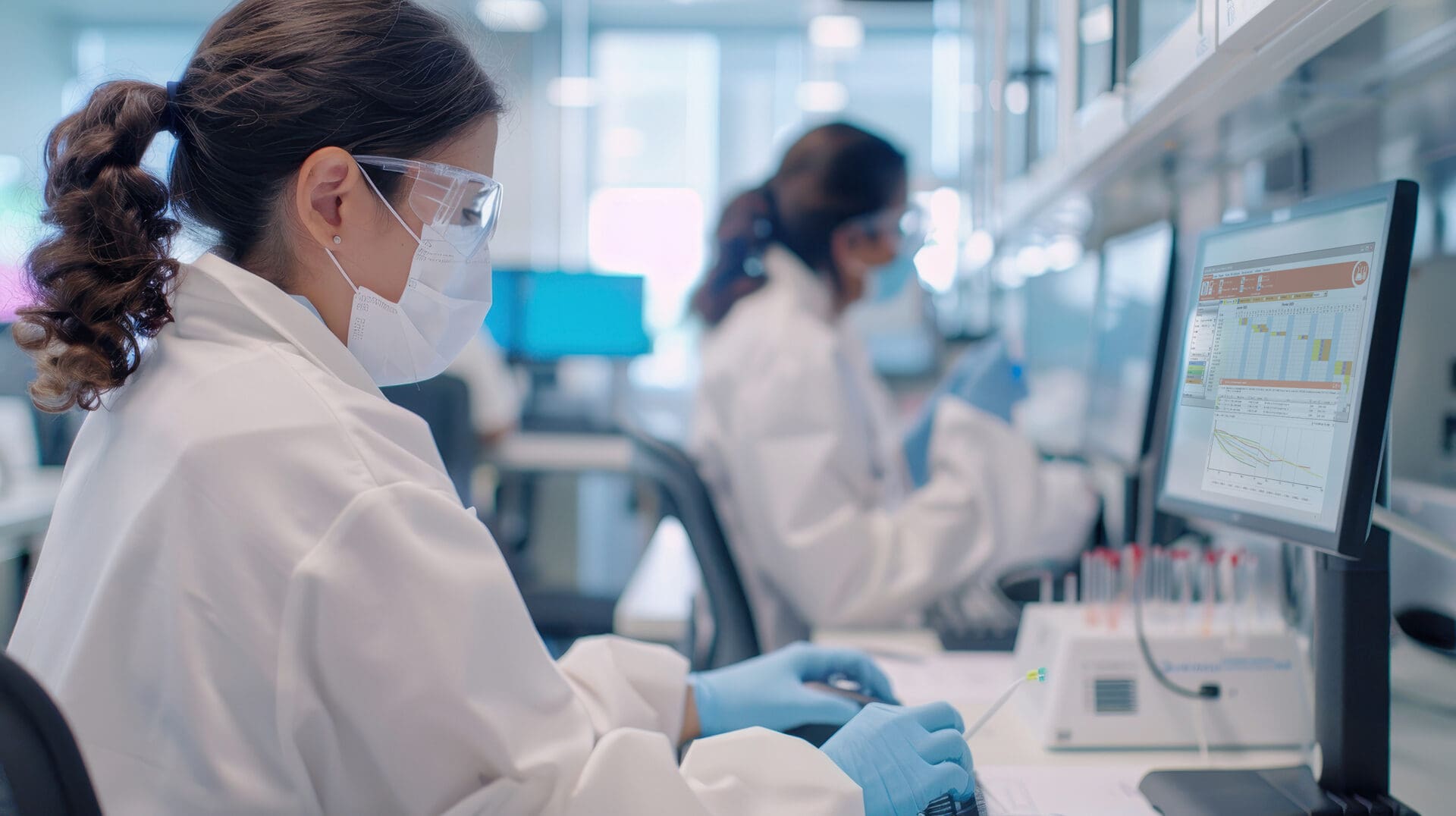 Technicienne en laboratoire pharmaceutique appliquant les principes ALCOA via un logiciel de traçabilité.