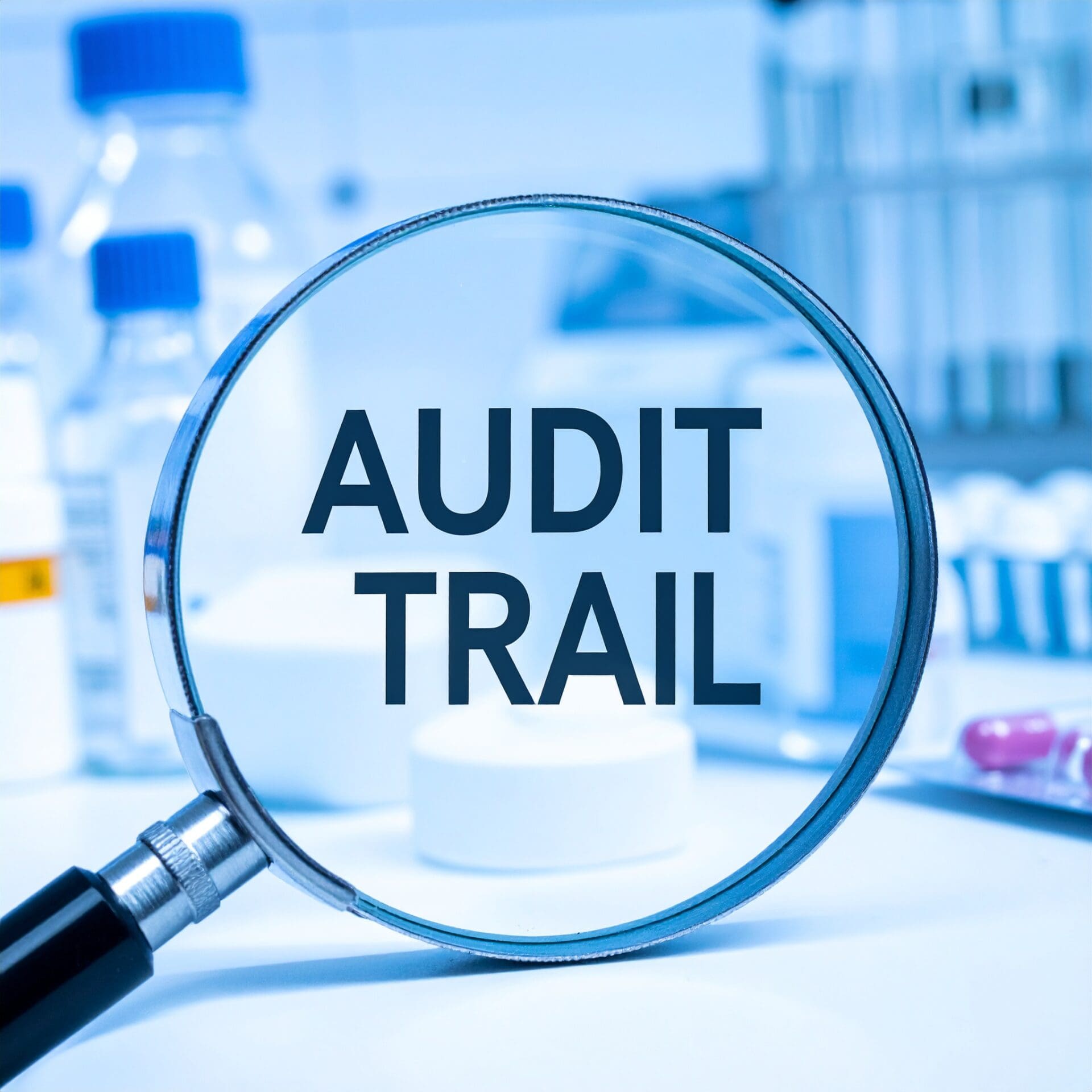 Loupe sur le mot "Audit Trail" dans un laboratoire pharmaceutique – symbole de la traçabilité des données en environnement réglementé.
