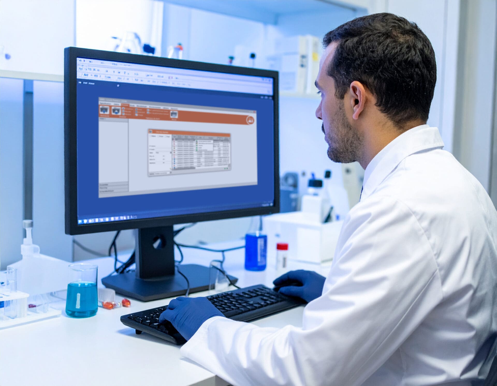 Technicien de laboratoire utilisant un logiciel de gestion sur ordinateur pour traiter des données analytiques.