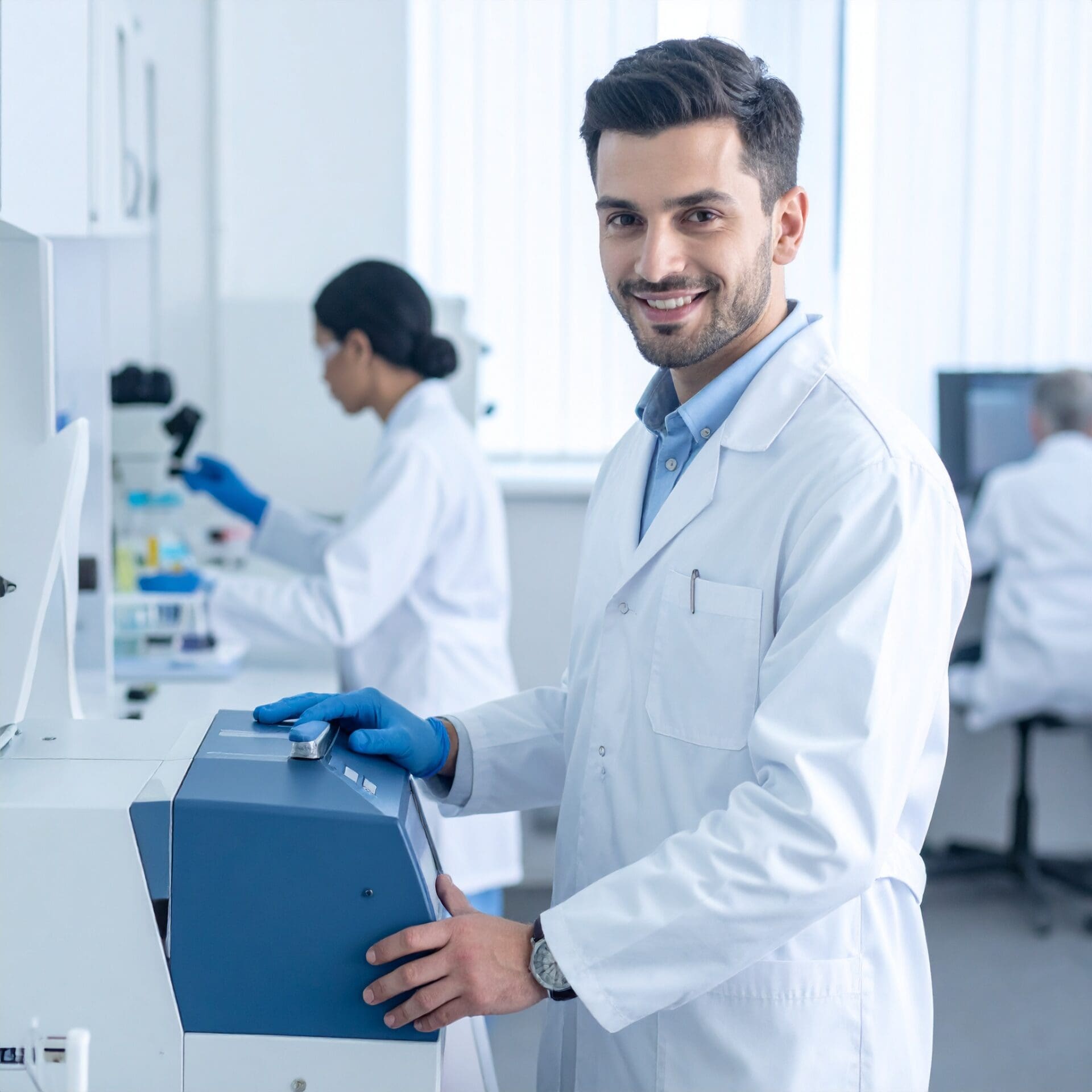 Technicien en laboratoire utilisant un équipement d’analyse, illustrant la gestion et la maintenance des instruments via une GMAO.