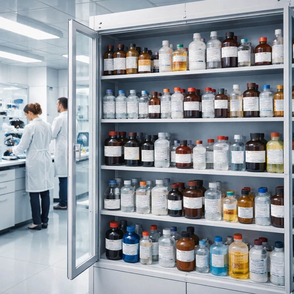 Gestion des stocks en laboratoire pharmaceutique avec réactifs et consommables stockés en armoire