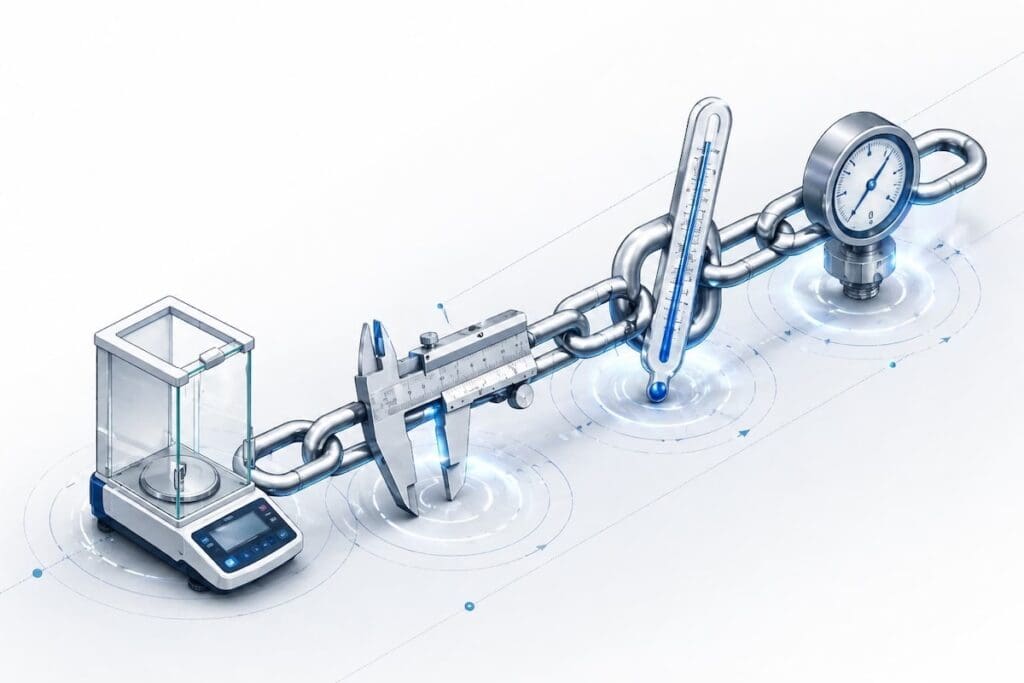 Illustration du chaînage métrologique entre équipements de mesure en laboratoire