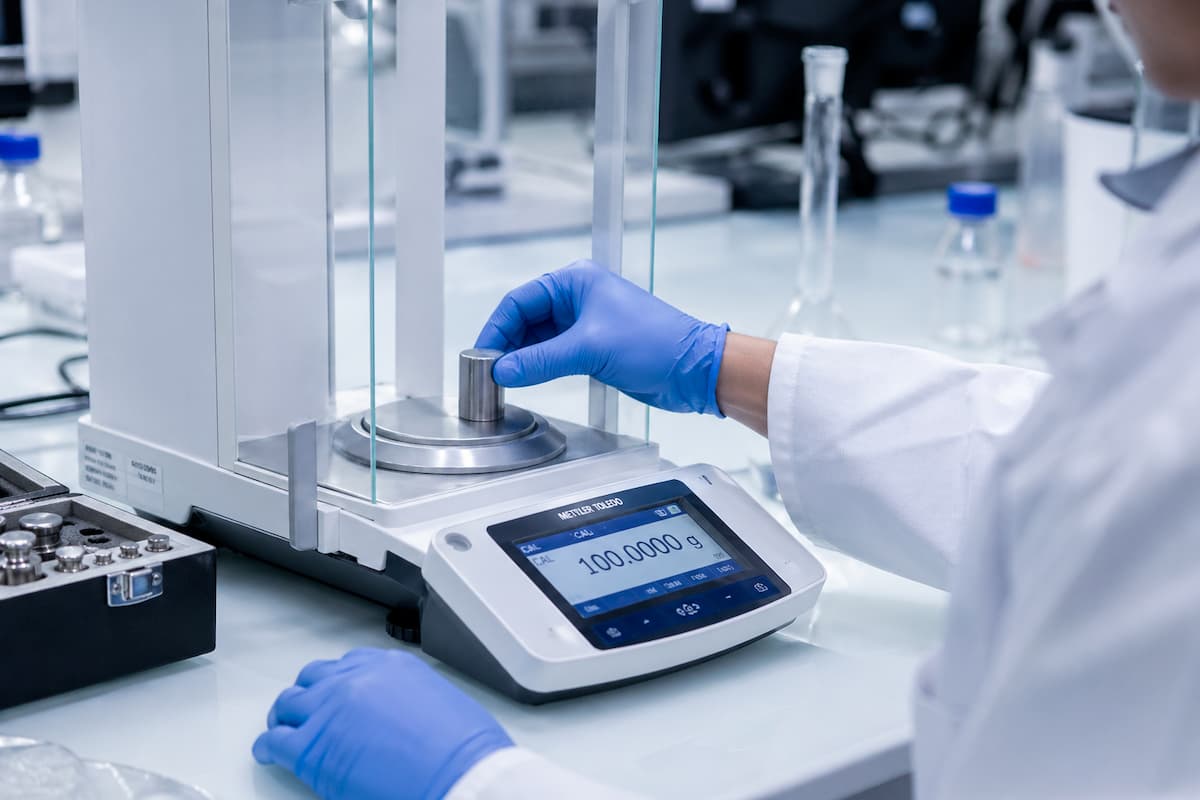 Technicien calibrant une balance analytique lors d'un étalonnage en laboratoire