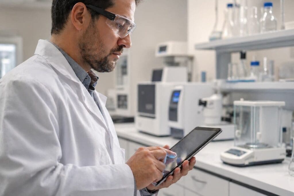 Technicien de laboratoire saisissant des données de vérification métrologique sur tablette