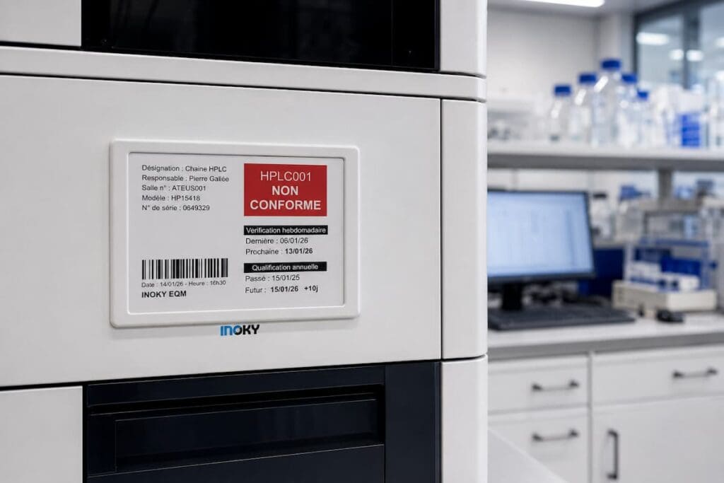 Étiquette électronique e-ink INOKY affichant le statut d'un équipement de laboratoire en temps réel