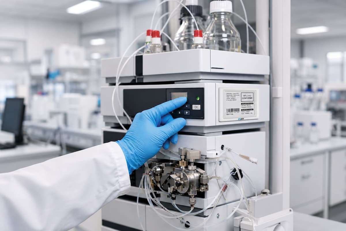 Technicien de laboratoire devant un équipement HPLC avec une étiquette électronique INOKY affichant le statut "Conforme"