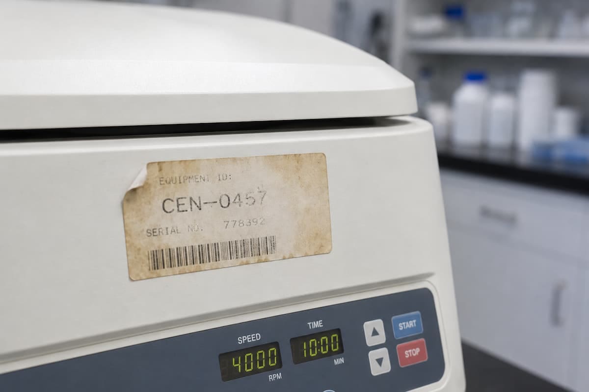 Étiquette papier jaunie et décollée sur un équipement de laboratoire