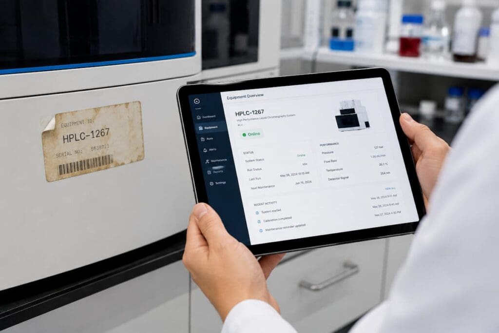 Technicien tenant une tablette affichant un statut d'équipement devant un instrument de laboratoire avec étiquette papier