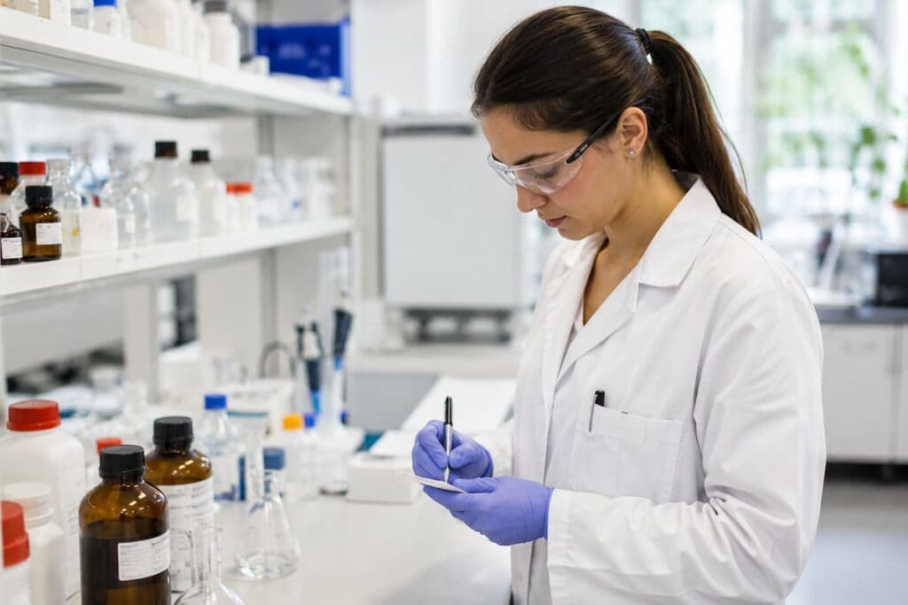 Technicienne en blouse écrivant à la main une étiquette dans un laboratoire