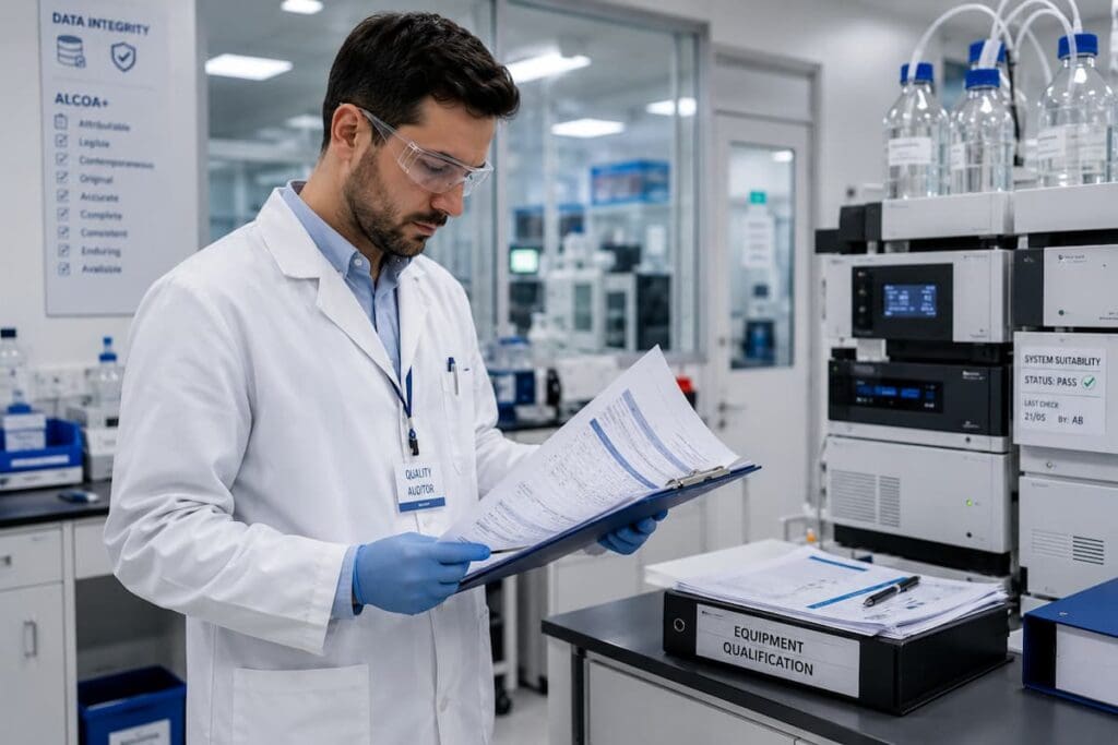 Auditeur qualité inspectant des documents de gestion des équipements dans un laboratoire pharmaceutique
