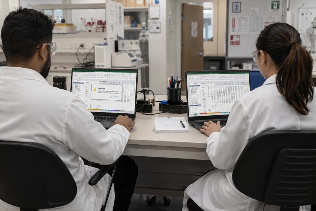 Deux techniciens de laboratoire travaillant simultanément sur le même fichier Excel, conflit de version visible à l'écran