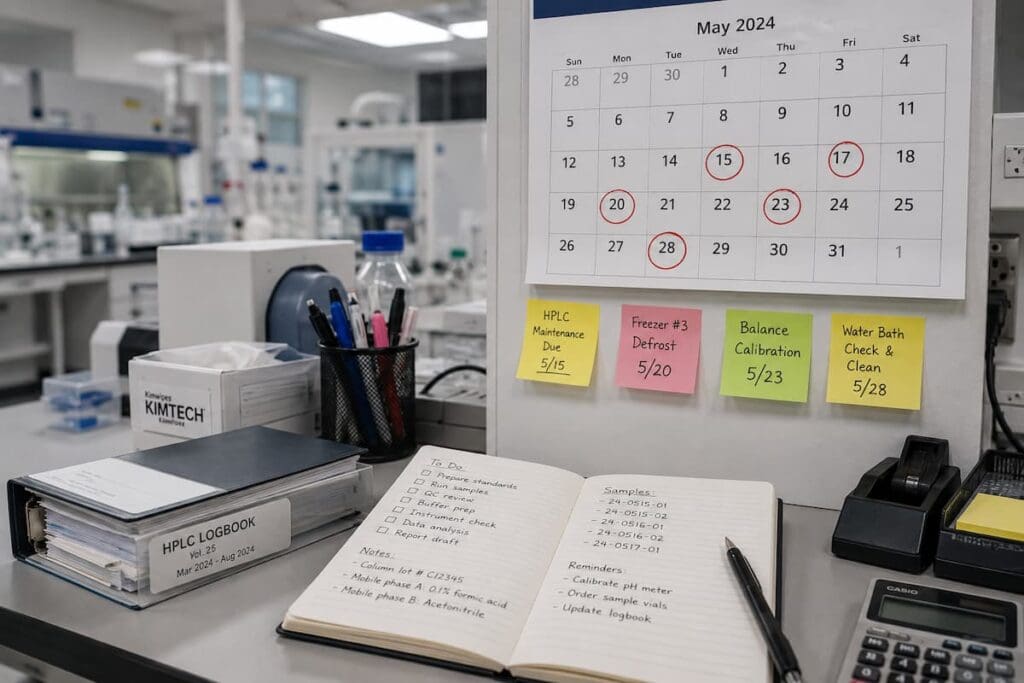 Bureau de laboratoire avec calendrier et post-its de rappel d'échéances d'étalonnage et de maintenance