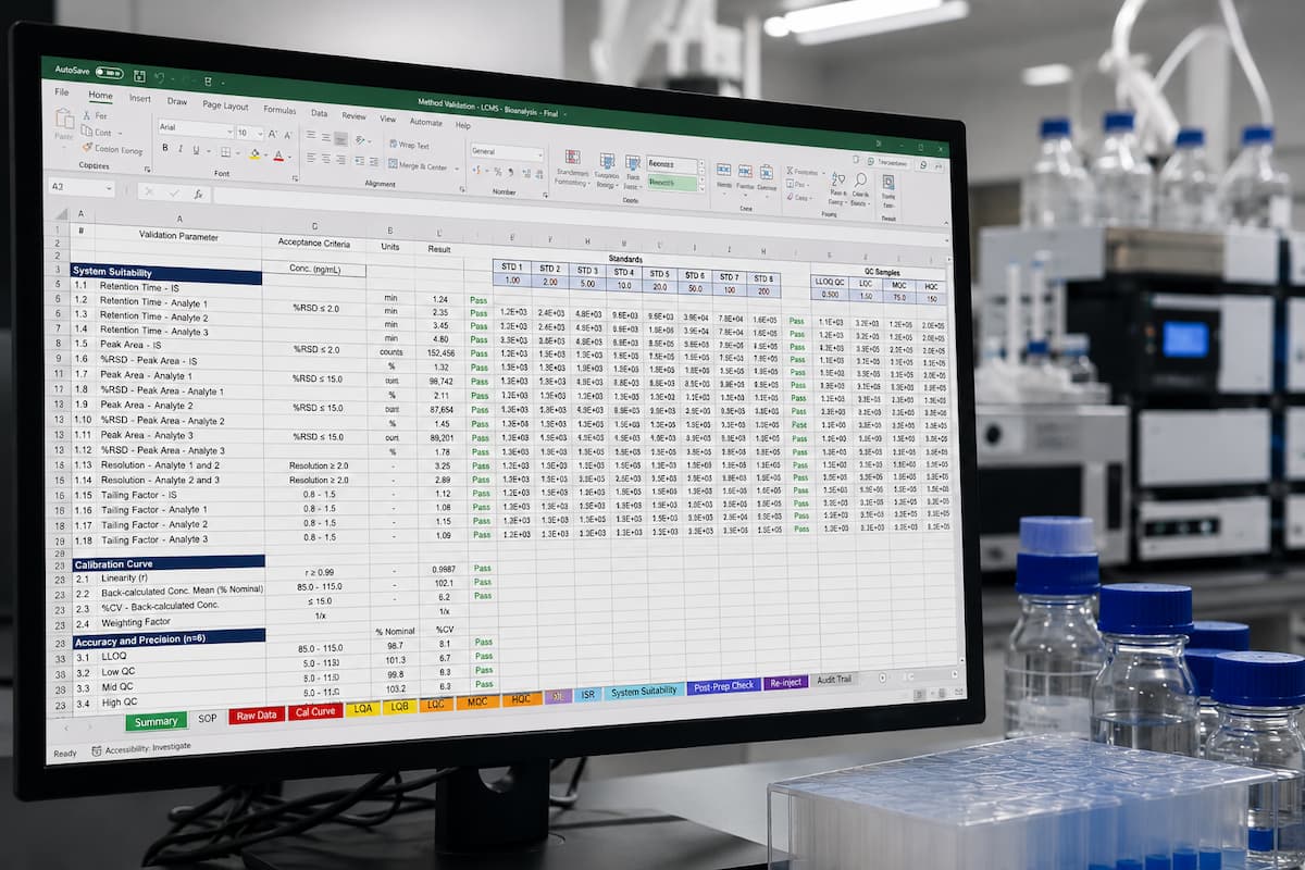 Écran d'ordinateur affichant un fichier Excel de gestion d'équipements dans un laboratoire pharmaceutique