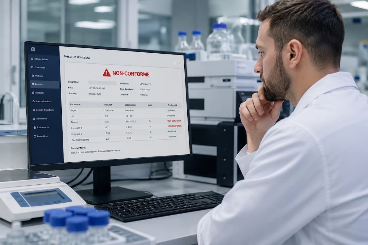 Technicien de laboratoire examinant un résultat hors spécification en contrôle qualité