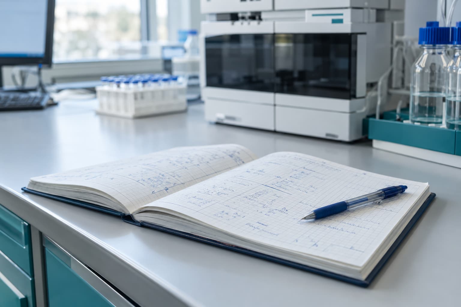 Cahier de vie papier d’un équipement de laboratoire posé sur une paillasse devant un appareil