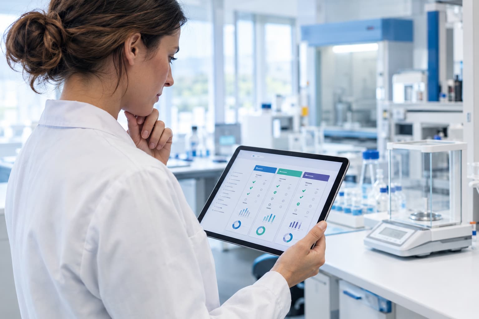 Responsable qualité comparant plusieurs solutions de GMAO pour laboratoire sur une tablette