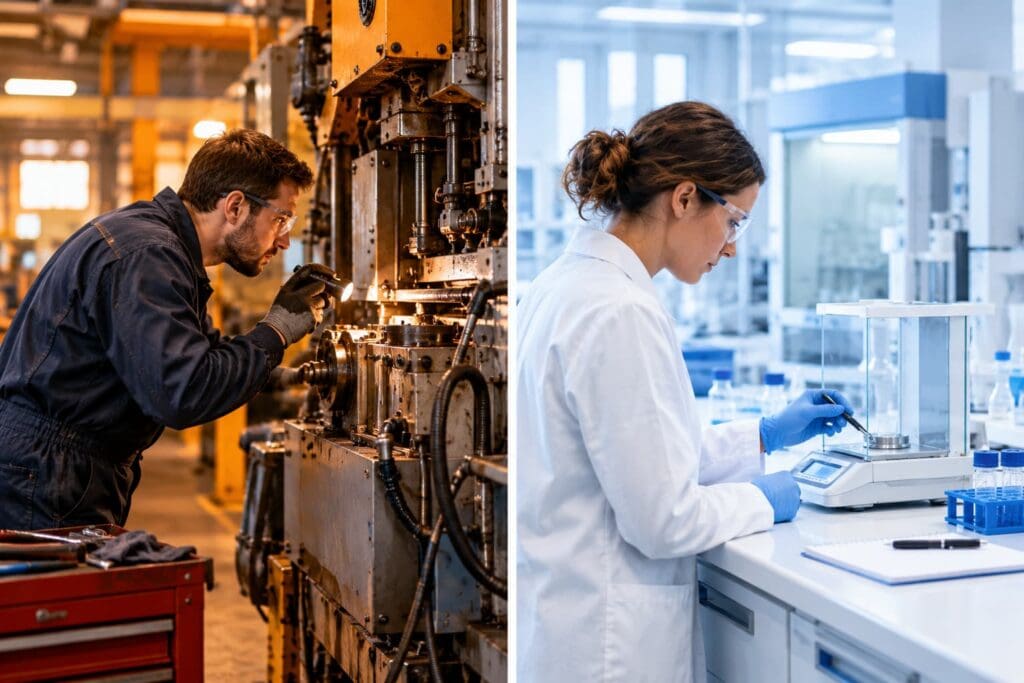 Contraste entre maintenance industrielle et étalonnage en laboratoire, illustrant la différence