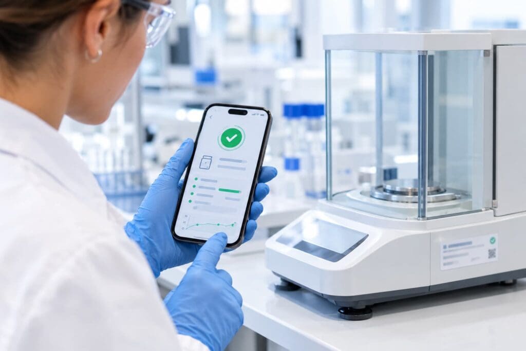 Technicienne de laboratoire vérifiant sur smartphone le statut de conformité d’un équipement